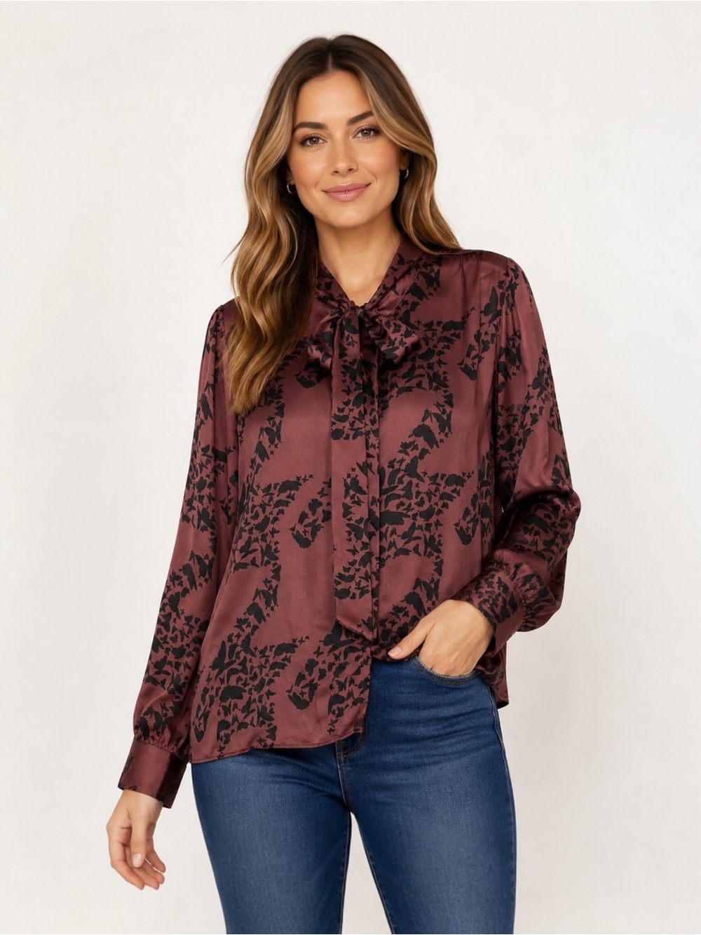 41 Hawthorn Samantha Satin Tie Neck Blouse Size Large